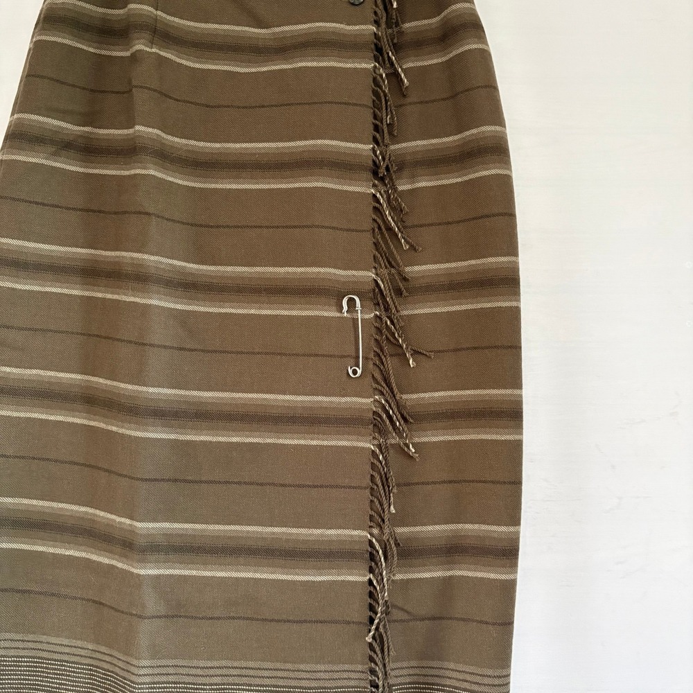 Lauren Vintage Brown Striped Fringed Wrap Midi Skirt with Button Detail with Pin